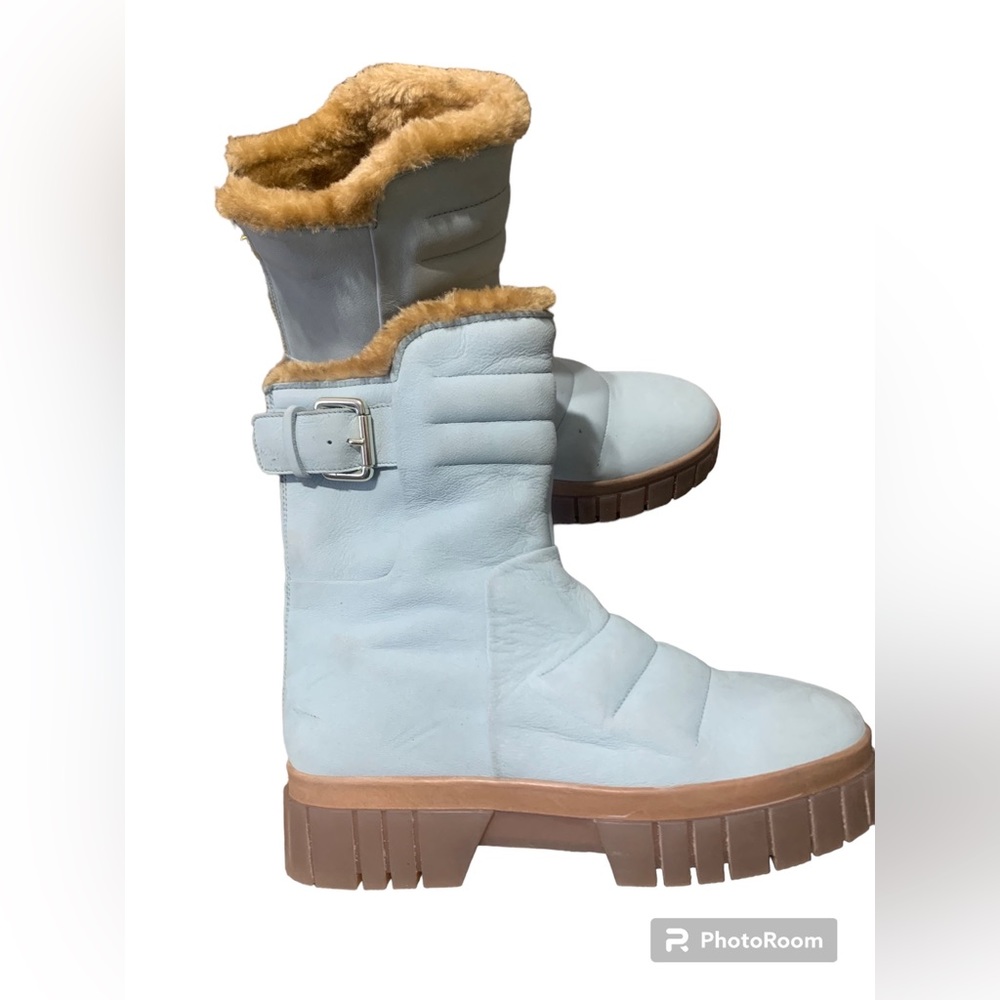 Free People Fable Faux Fur  Baby Blue Suede Zip Buckle Chunky Sole Boot NEW